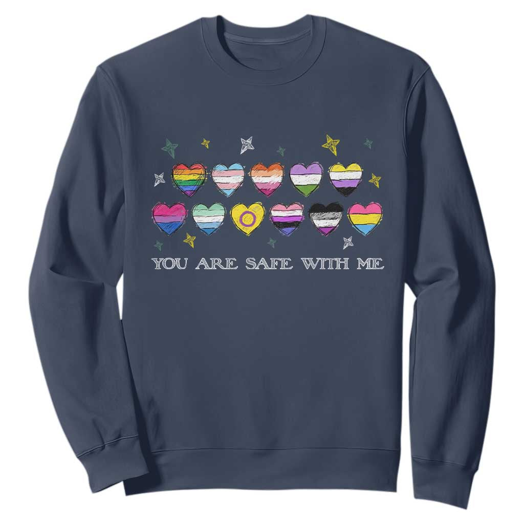 You Are Safe With Me Sweatshirt LGBTQ Support Rainbow Flags Ally TS14 Navy Print Your Wear