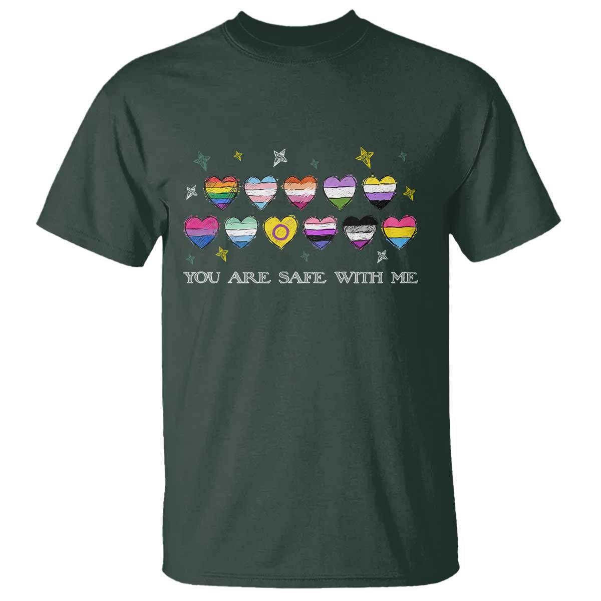 You Are Safe With Me T Shirt LGBTQ Support Rainbow Flags Ally TS14 Dark Forest Green Print Your Wear