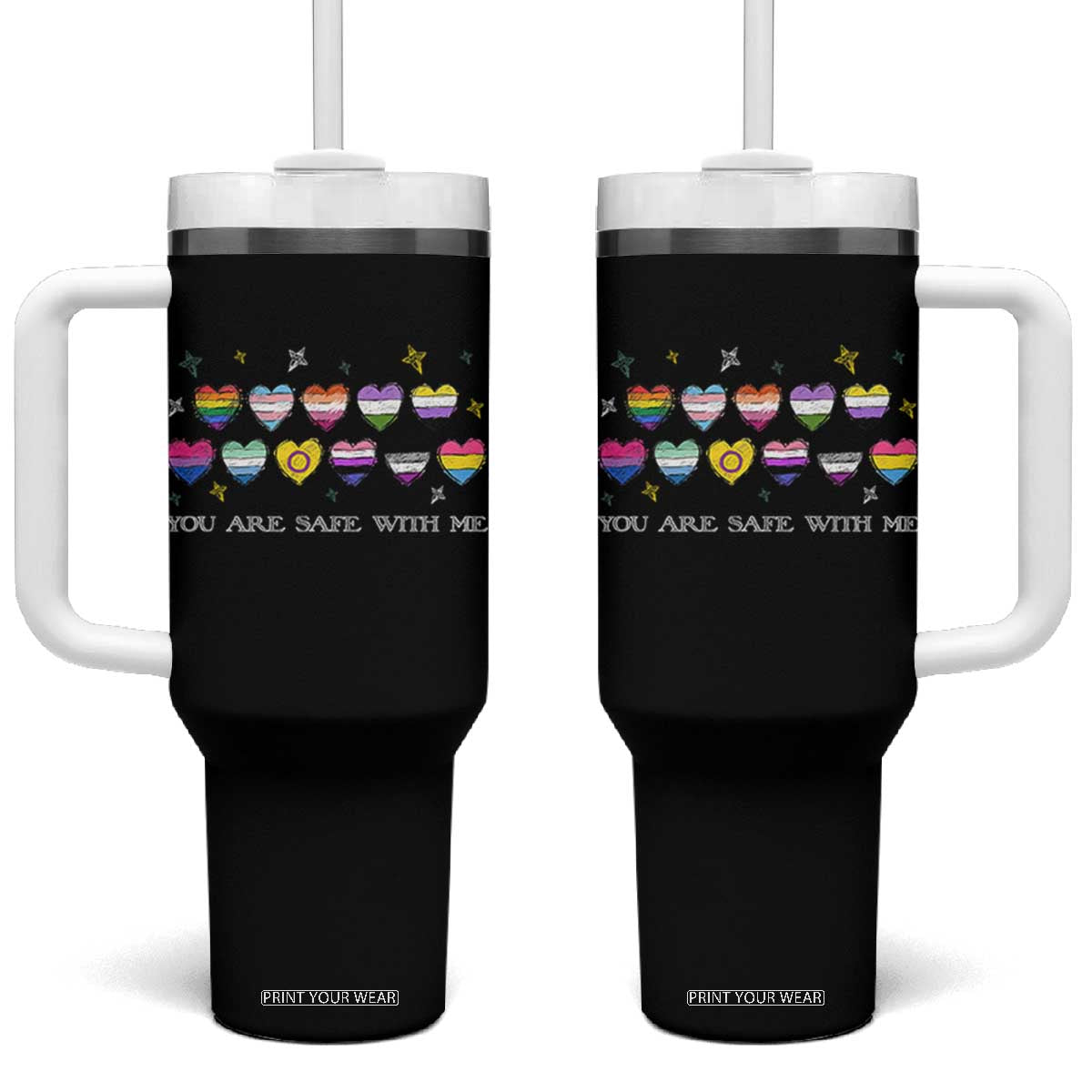 You Are Safe With Me Tumbler With Handle LGBTQ Support Rainbow Flags Ally TS14 One Size: 40 oz Black Print Your Wear