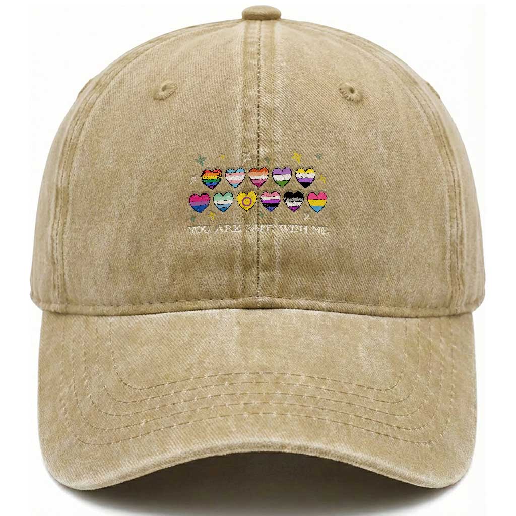 You Are Safe With Me Washed Cotton Baseball Cap LGBTQ Support Rainbow Flags Ally TS14 Print Your Wear