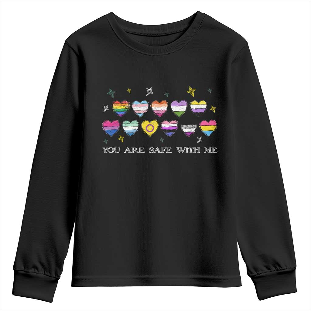 You Are Safe With Me Youth Sweatshirt LGBTQ Support Rainbow Flags Ally TS14 Black Print Your Wear