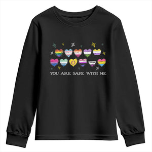 You Are Safe With Me Youth Sweatshirt LGBTQ Support Rainbow Flags Ally TS14 Black Print Your Wear