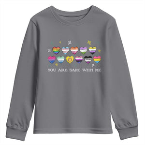 You Are Safe With Me Youth Sweatshirt LGBTQ Support Rainbow Flags Ally TS14 Charcoal Print Your Wear