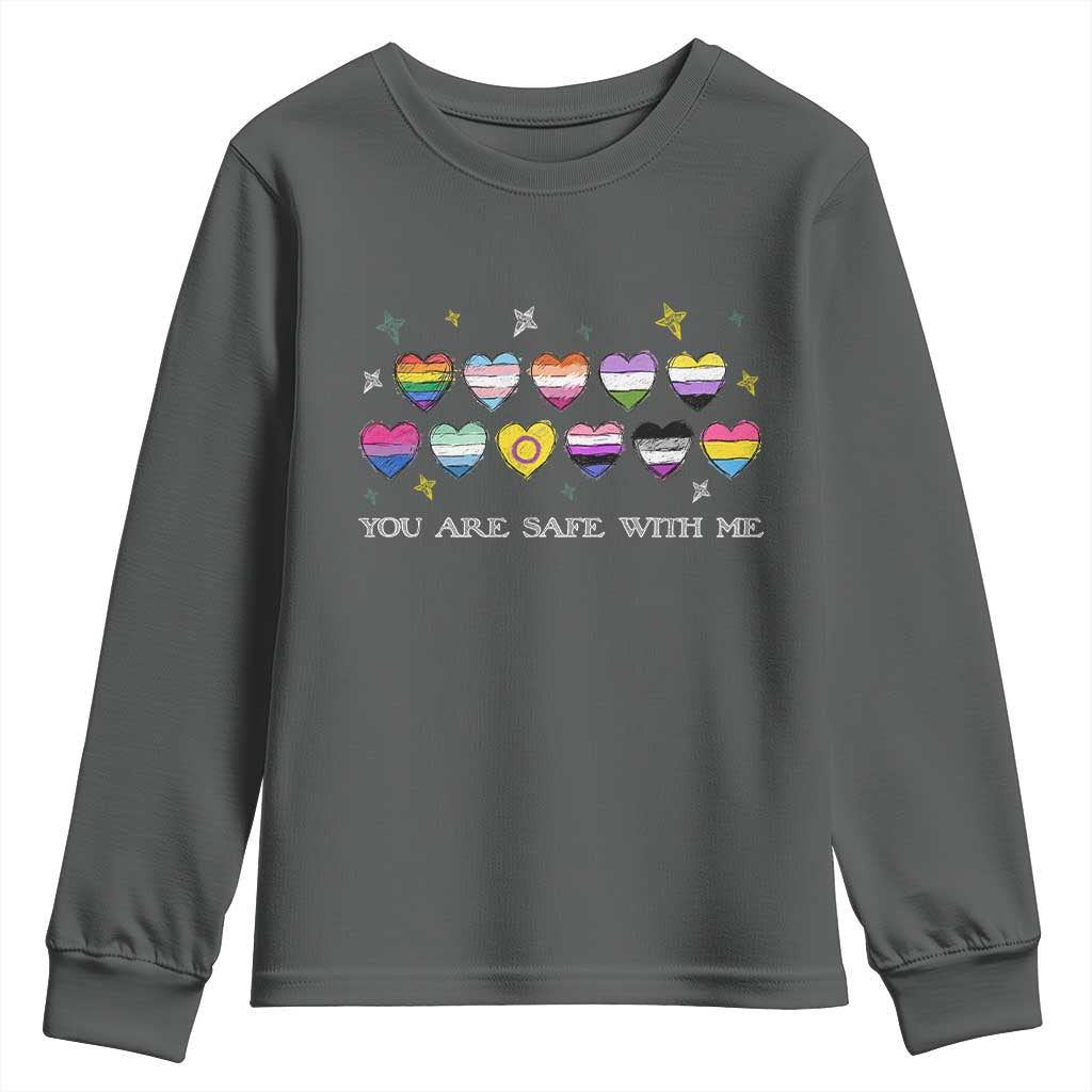 You Are Safe With Me Youth Sweatshirt LGBTQ Support Rainbow Flags Ally TS14 Dark Heather Print Your Wear