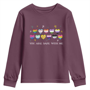 You Are Safe With Me Youth Sweatshirt LGBTQ Support Rainbow Flags Ally TS14 Maroon Print Your Wear