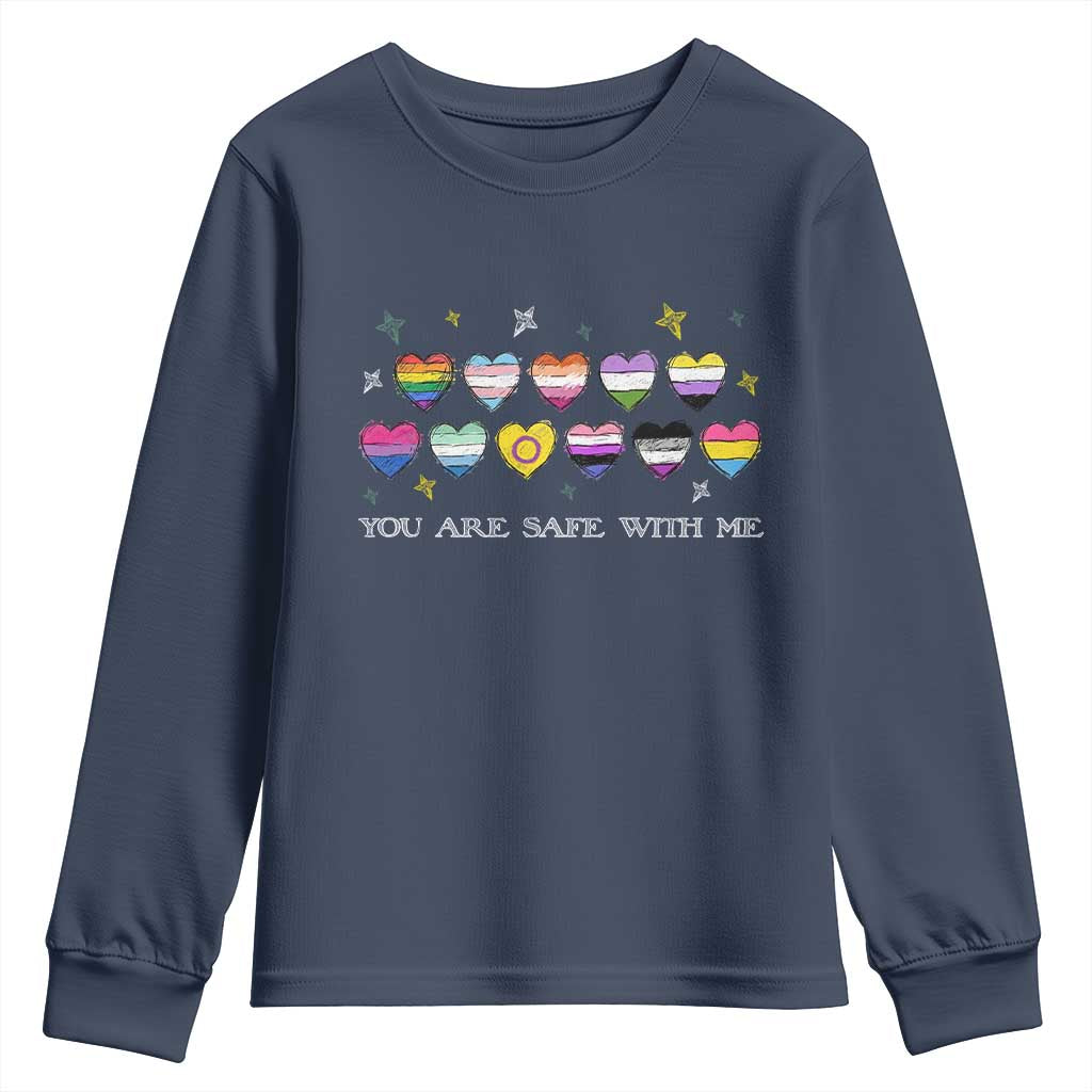 You Are Safe With Me Youth Sweatshirt LGBTQ Support Rainbow Flags Ally TS14 Navy Print Your Wear
