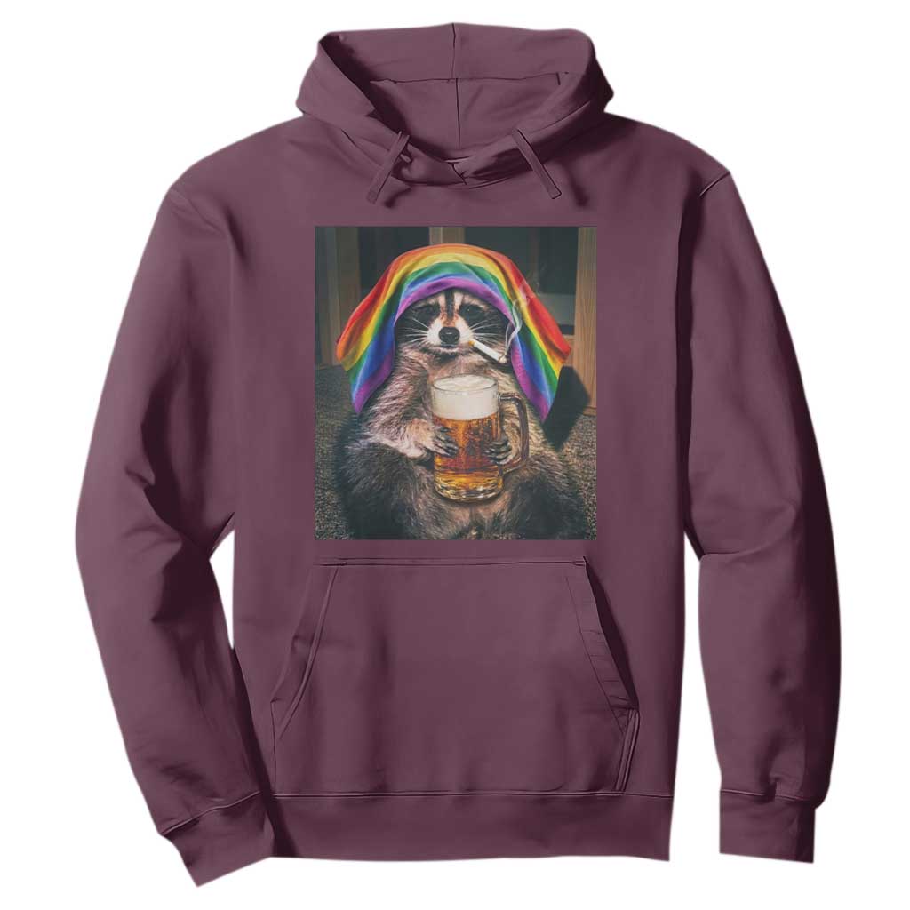 LGBTQ Pride Raccoon Rainbow Flag Hoodie Funny Drinking Beer TS14 Maroon Print Your Wear
