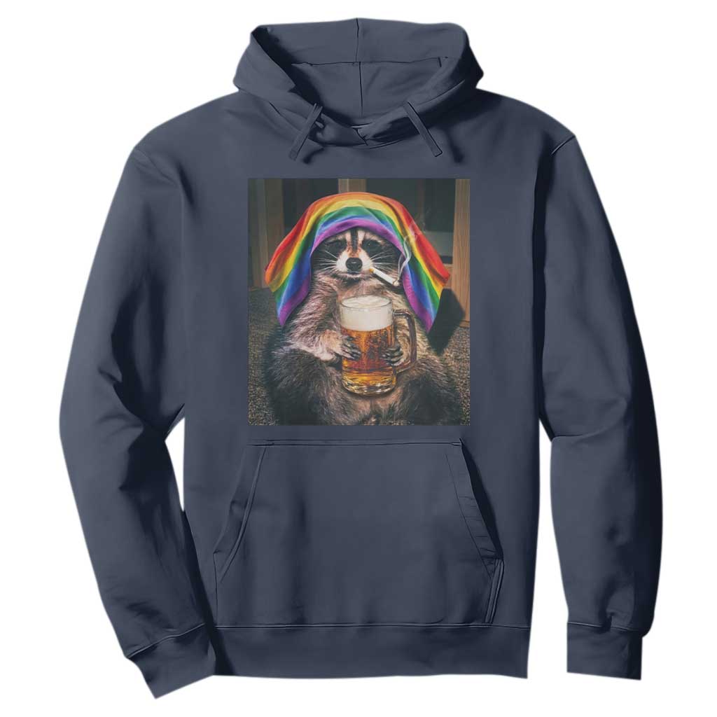 LGBTQ Pride Raccoon Rainbow Flag Hoodie Funny Drinking Beer TS14 Navy Print Your Wear