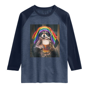 LGBTQ Pride Raccoon Rainbow Flag Raglan Shirt Funny Drinking Beer TS14 Heather Denim Navy Print Your Wear
