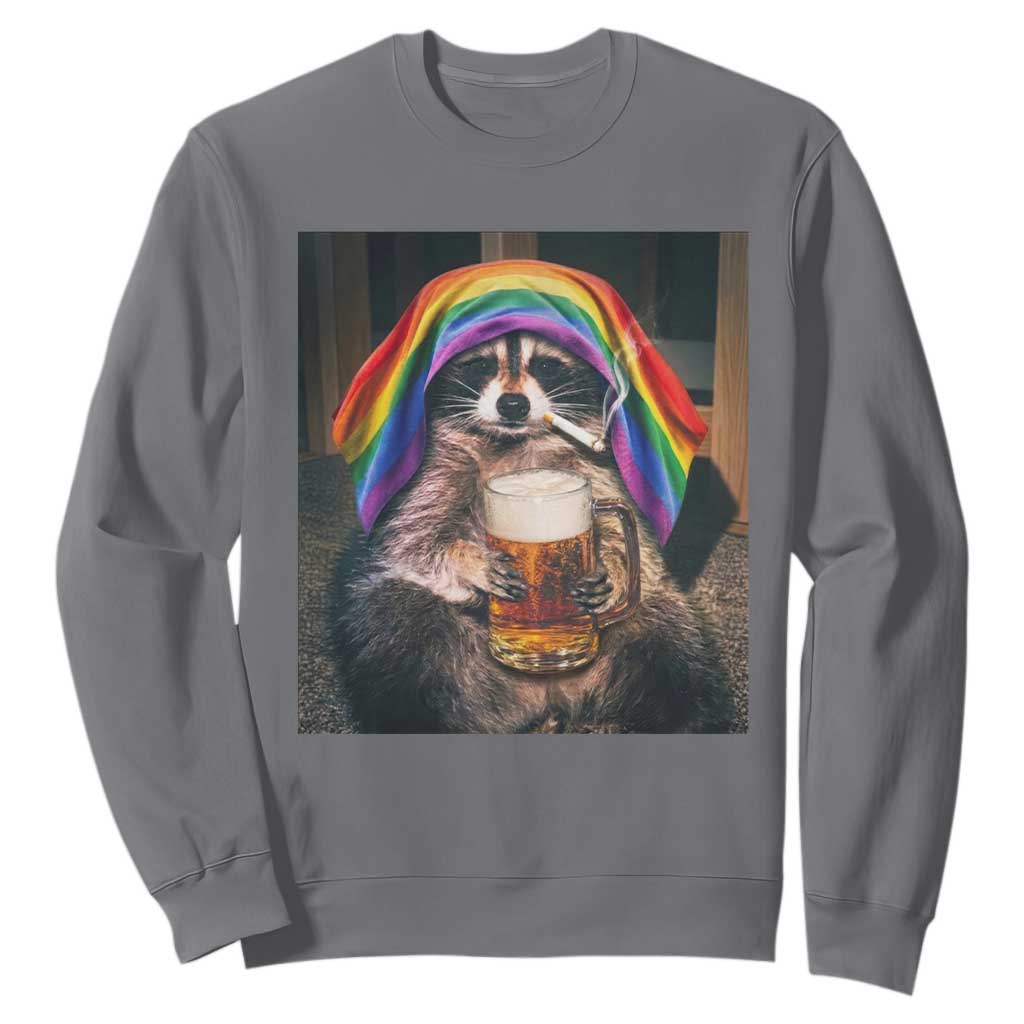 LGBTQ Pride Raccoon Rainbow Flag Sweatshirt Funny Drinking Beer TS14 Charcoal Print Your Wear