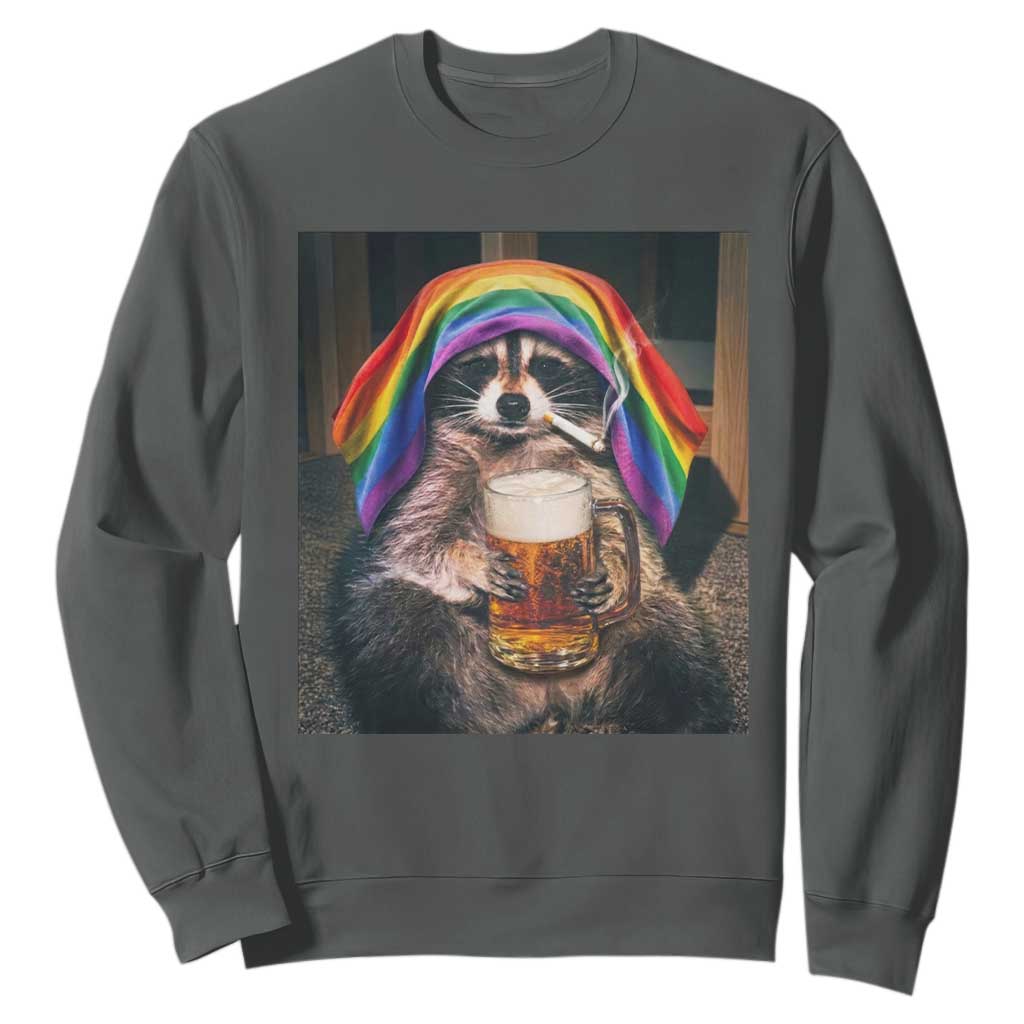 LGBTQ Pride Raccoon Rainbow Flag Sweatshirt Funny Drinking Beer TS14 Dark Heather Print Your Wear