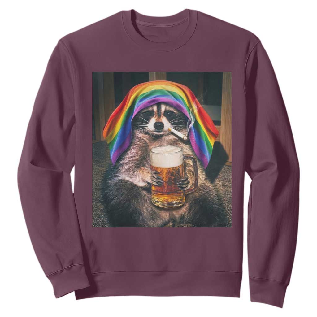 LGBTQ Pride Raccoon Rainbow Flag Sweatshirt Funny Drinking Beer TS14 Maroon Print Your Wear