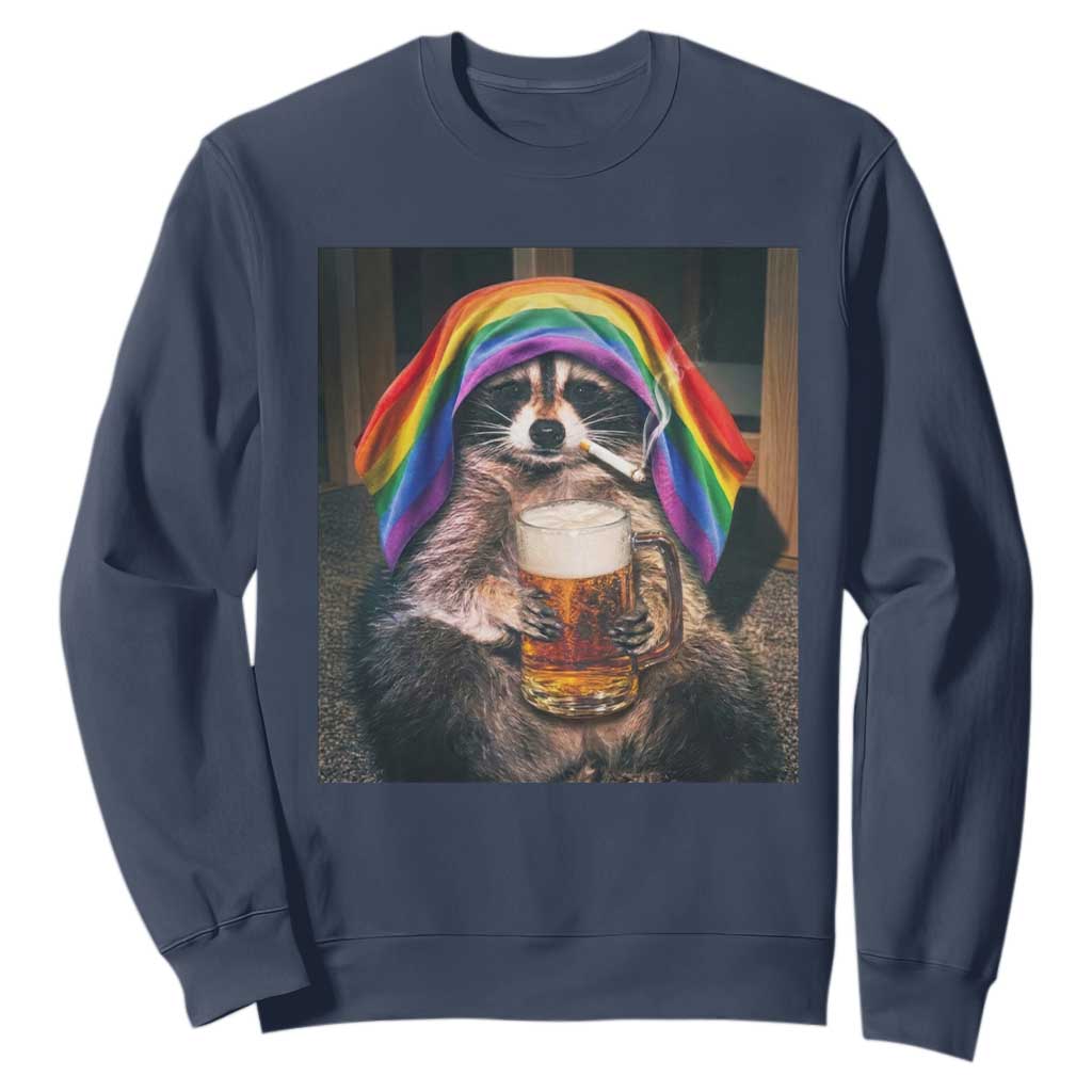 LGBTQ Pride Raccoon Rainbow Flag Sweatshirt Funny Drinking Beer TS14 Navy Print Your Wear