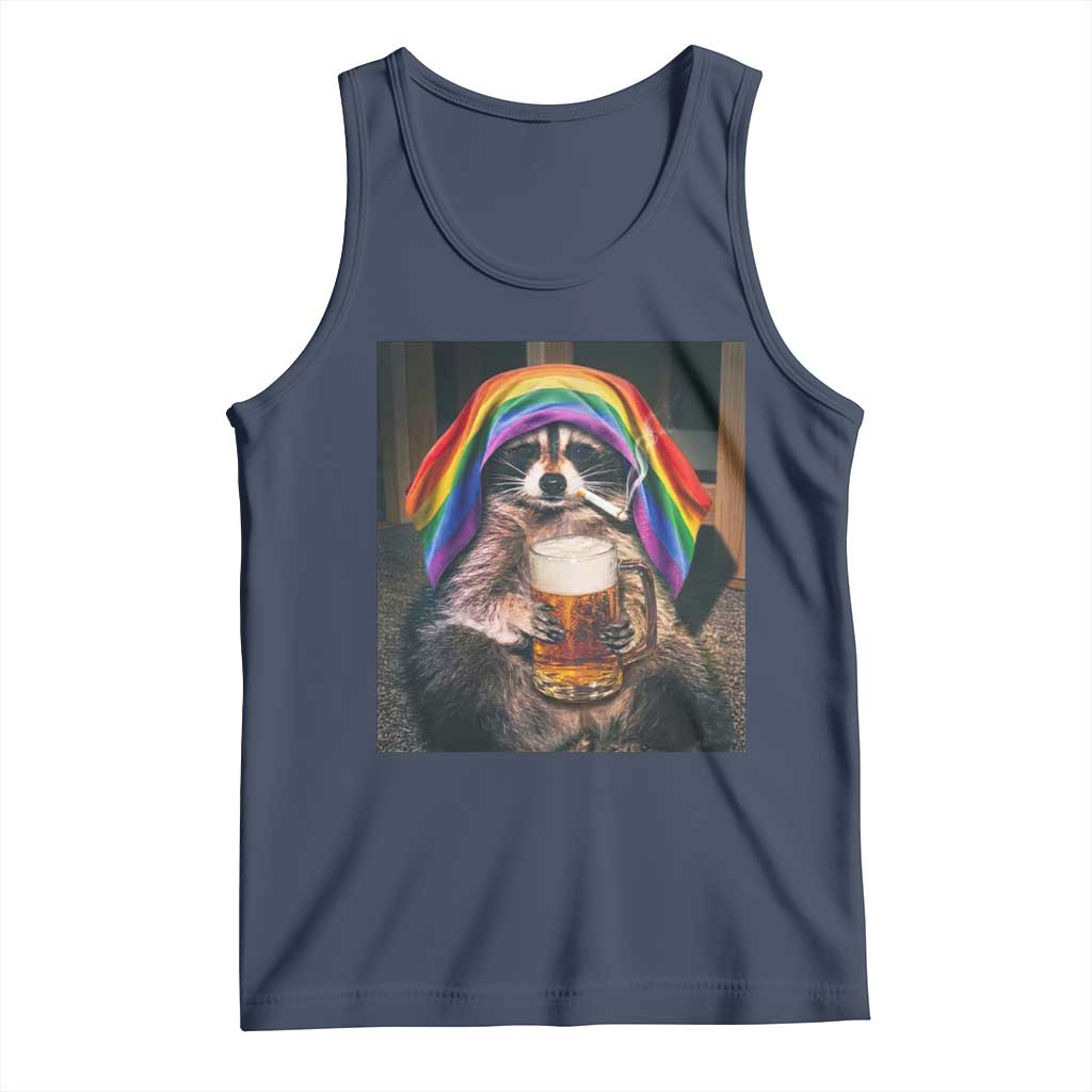 LGBTQ Pride Raccoon Rainbow Flag Tank Top Funny Drinking Beer TS14 Navy Print Your Wear