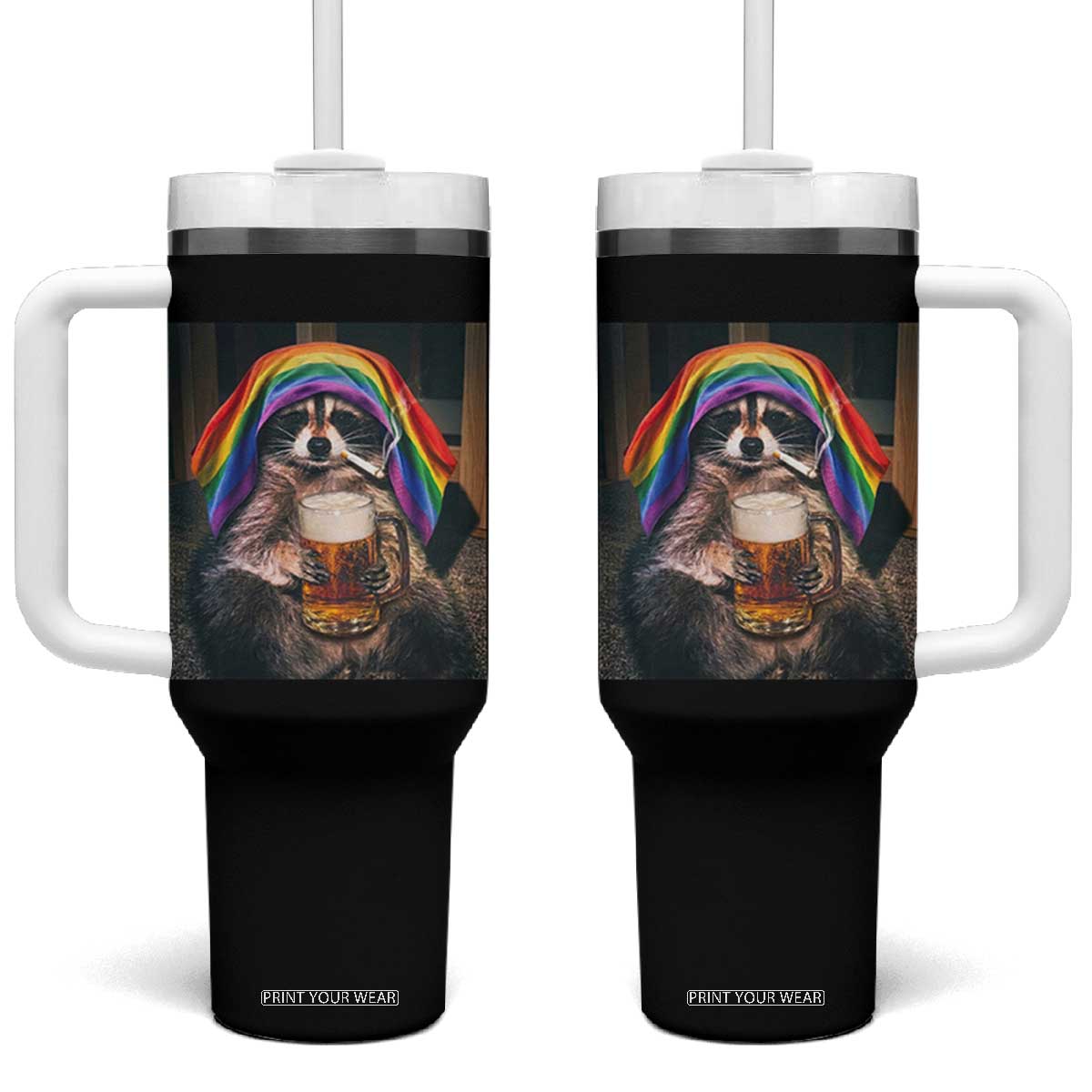 LGBTQ Pride Raccoon Rainbow Flag Tumbler With Handle Funny Drinking Beer TS14 One Size: 40 oz Black Print Your Wear