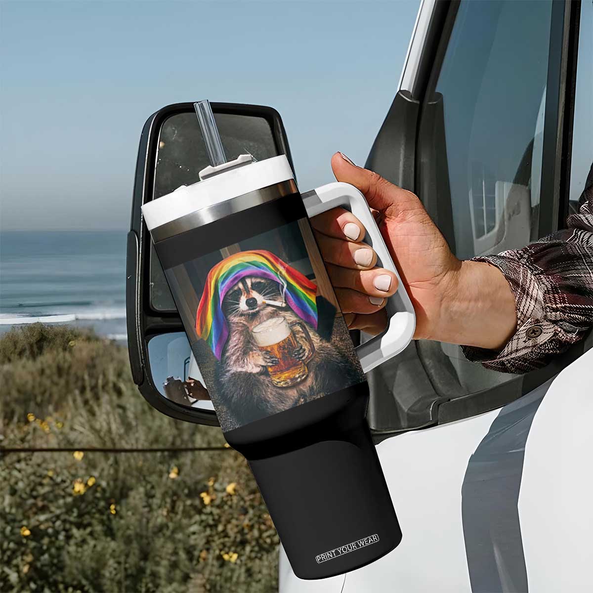 LGBTQ Pride Raccoon Rainbow Flag Tumbler With Handle Funny Drinking Beer TS14 Print Your Wear