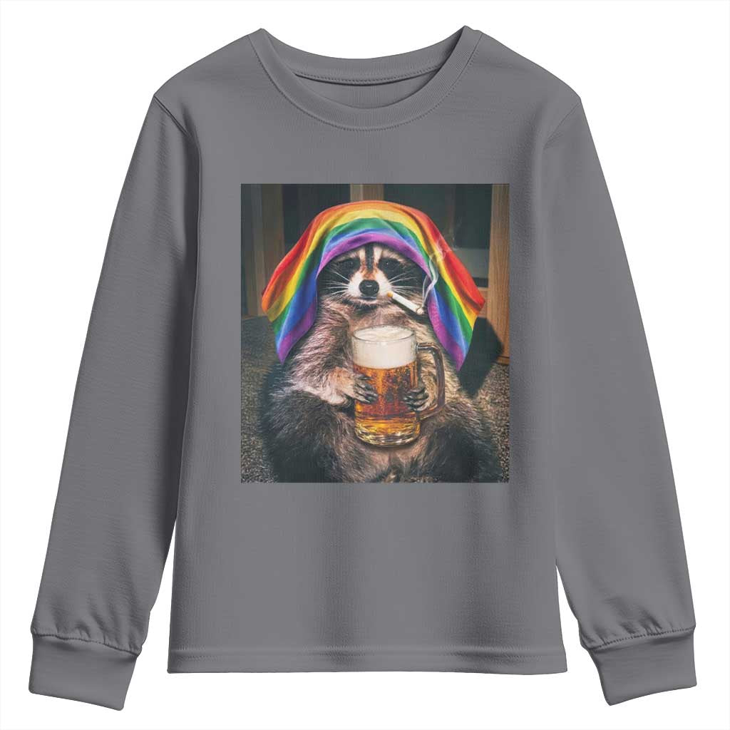 LGBTQ Pride Raccoon Rainbow Flag Youth Sweatshirt Funny Drinking Beer TS14 Charcoal Print Your Wear