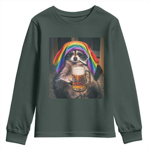 LGBTQ Pride Raccoon Rainbow Flag Youth Sweatshirt Funny Drinking Beer TS14 Dark Forest Green Print Your Wear