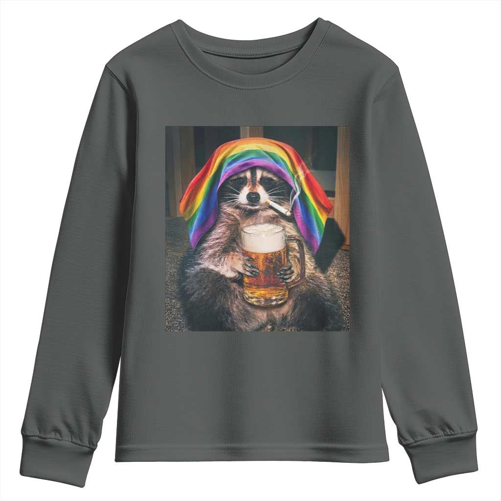 LGBTQ Pride Raccoon Rainbow Flag Youth Sweatshirt Funny Drinking Beer TS14 Dark Heather Print Your Wear