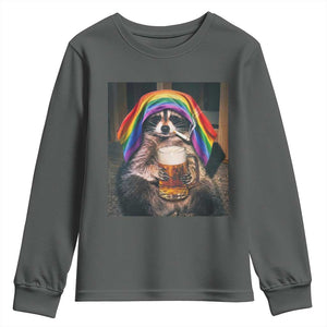LGBTQ Pride Raccoon Rainbow Flag Youth Sweatshirt Funny Drinking Beer TS14 Dark Heather Print Your Wear