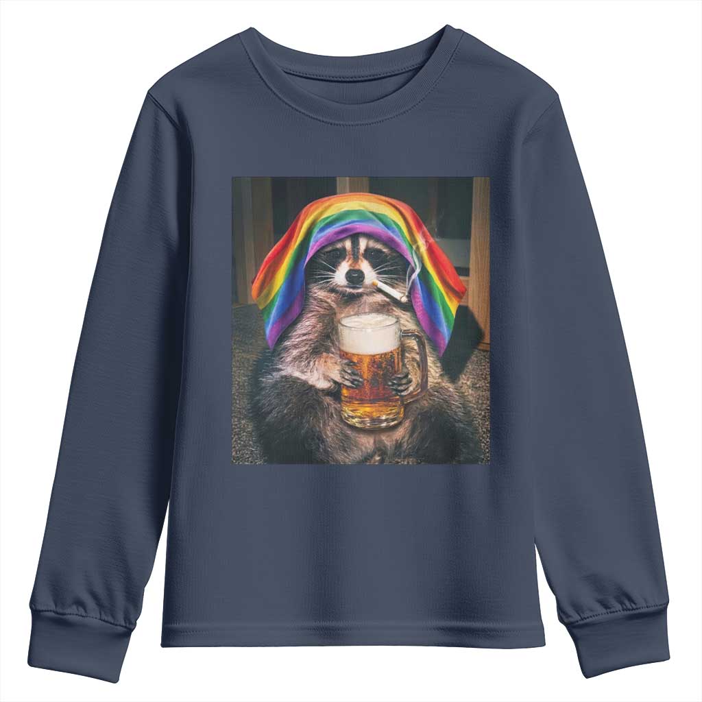 LGBTQ Pride Raccoon Rainbow Flag Youth Sweatshirt Funny Drinking Beer TS14 Navy Print Your Wear