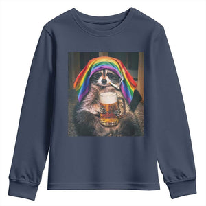 LGBTQ Pride Raccoon Rainbow Flag Youth Sweatshirt Funny Drinking Beer TS14 Navy Print Your Wear