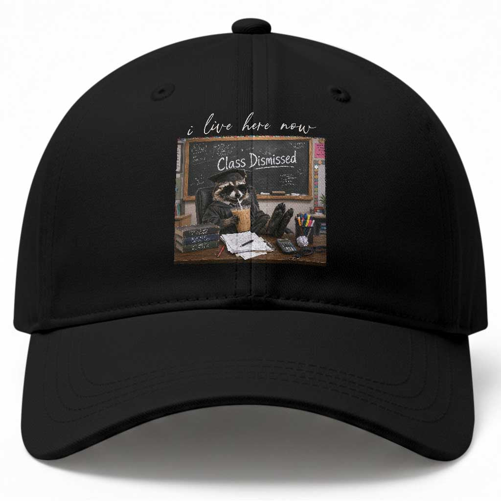 Funny Raccoon Graduation Baseball Cap I Live Here Now TS14 Print Your Wear
