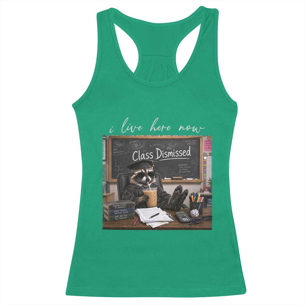 Funny Raccoon Graduation Racerback Tank Top I Live Here Now TS14 Irish Green Print Your Wear