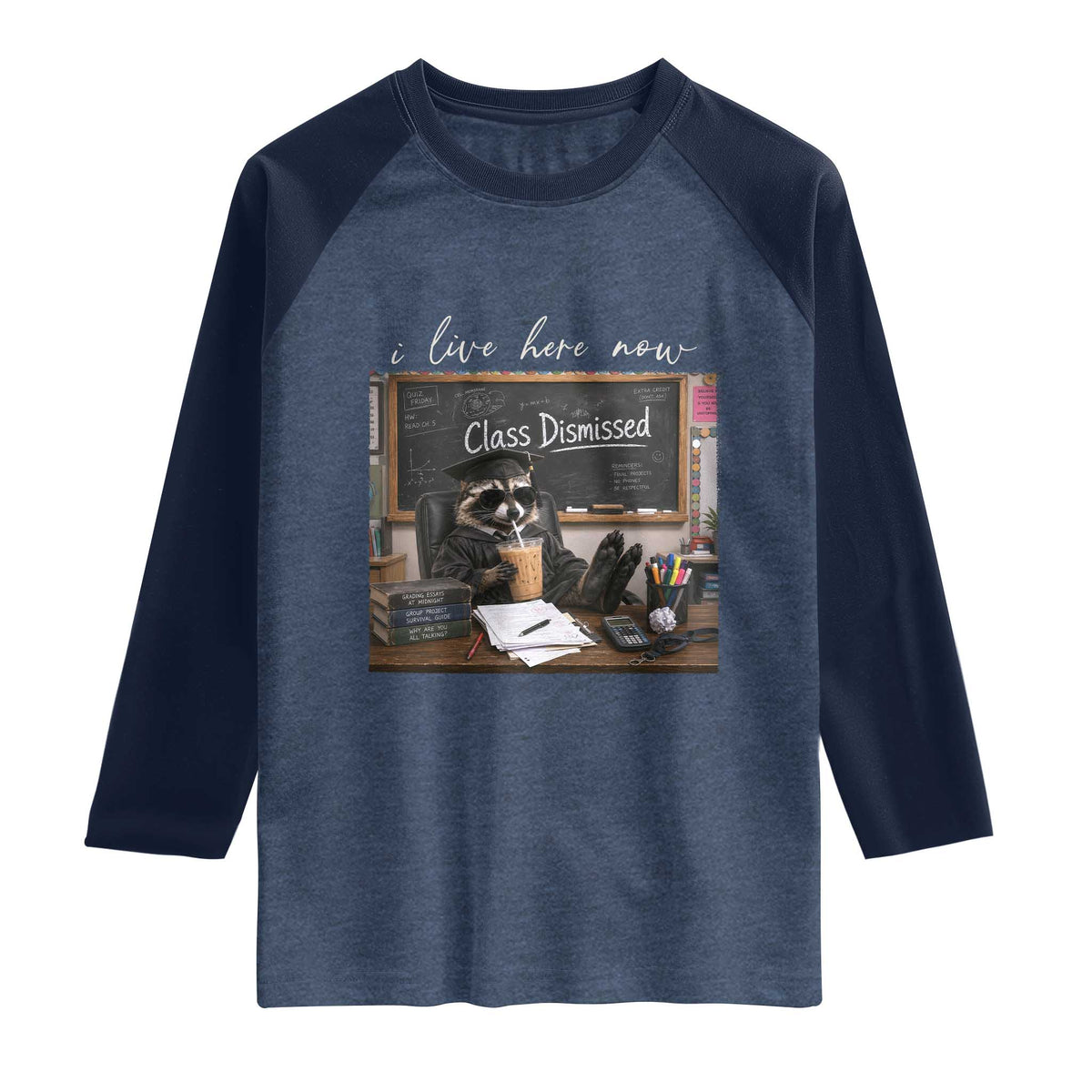 Funny Raccoon Graduation Raglan Shirt I Live Here Now TS14 Heather Denim Navy Print Your Wear