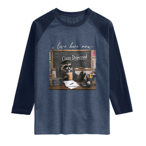 Funny Raccoon Graduation Raglan Shirt I Live Here Now TS14 Heather Denim Navy Print Your Wear