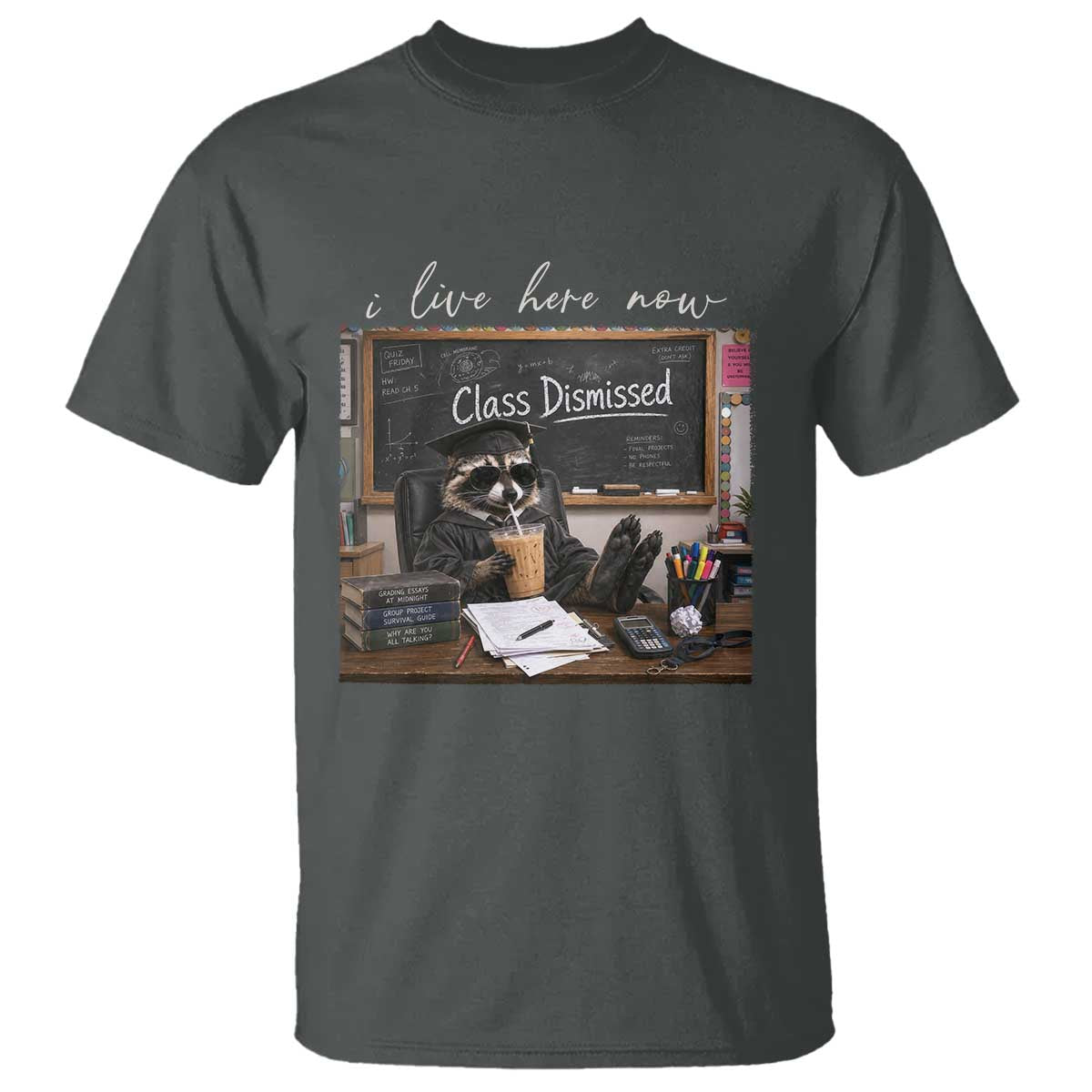 Funny Raccoon Graduation T Shirt I Live Here Now TS14 Dark Heather Print Your Wear
