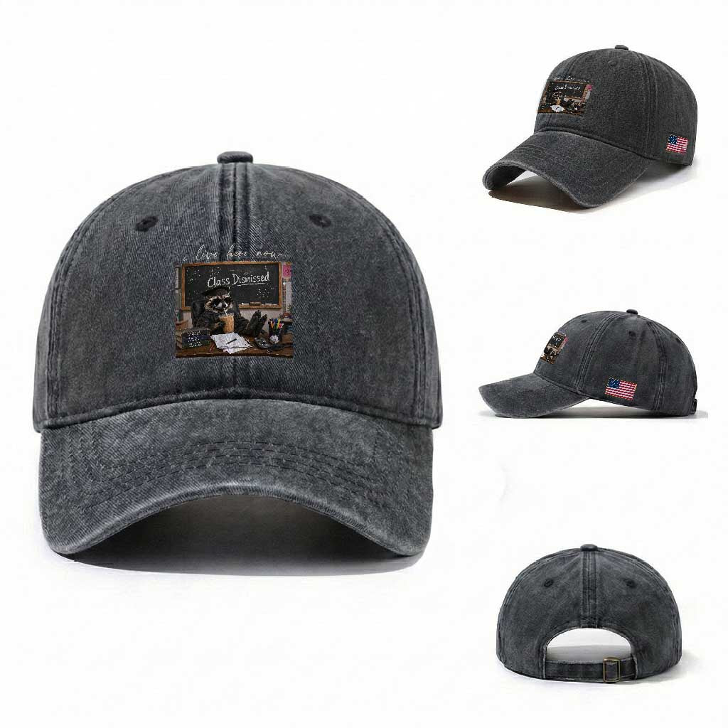 Funny Raccoon Graduation Washed Cotton Baseball Cap I Live Here Now TS14 Washed Cap Universal Fit Dark Gray Print Your Wear