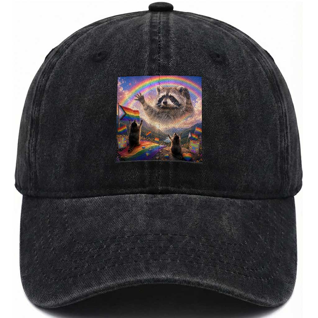 LGBTQ Pride Raccoon Rainbow Flag Washed Cotton Baseball Cap Two Raccoons Howling to The Rainbow TS14 Print Your Wear