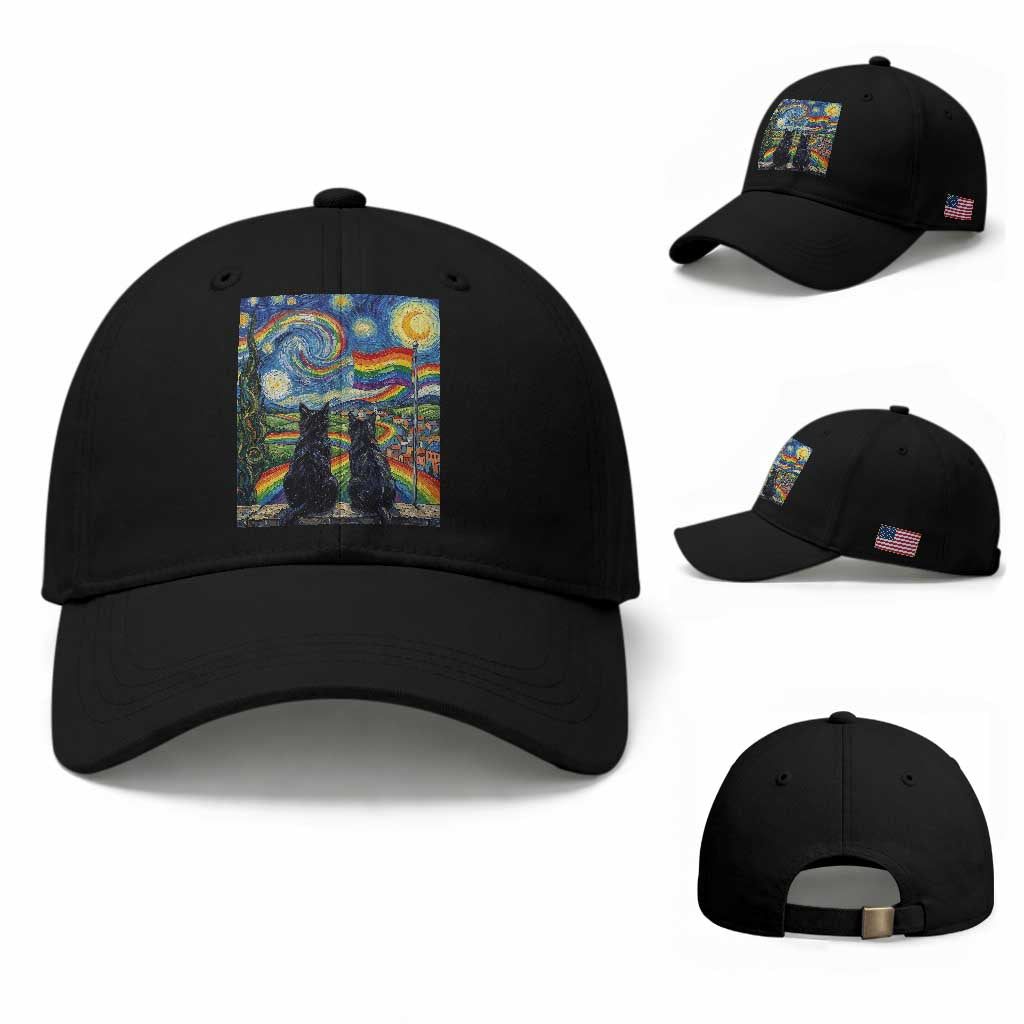 Cat Gay Pride Baseball Cap Starry Night Style LGBTQ Pride Support TS14 Baseball Cap Universal Fit Black Print Your Wear