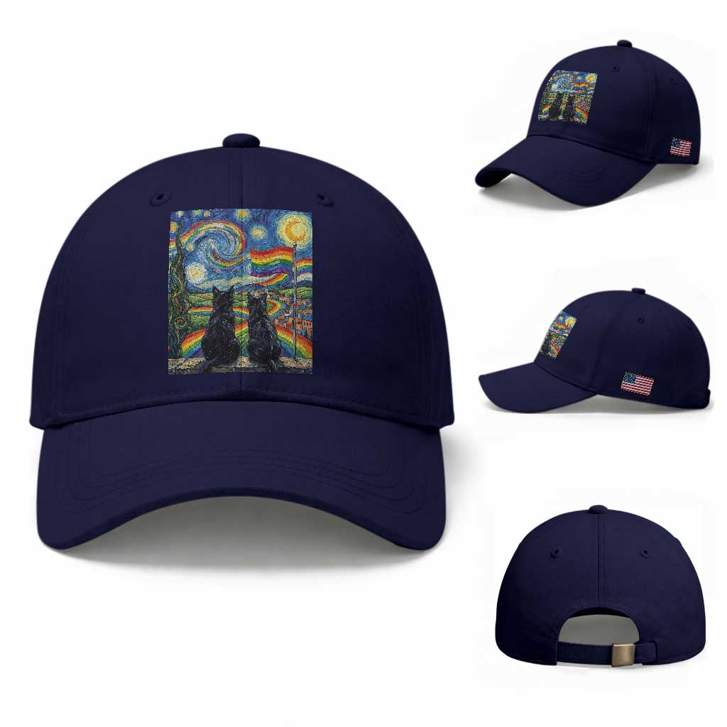 Cat Gay Pride Baseball Cap Starry Night Style LGBTQ Pride Support TS14 Baseball Cap Universal Fit Dark Blue Print Your Wear