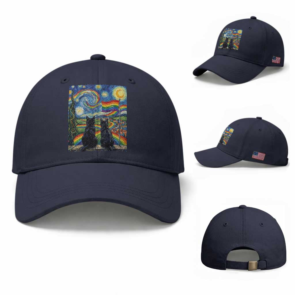 Cat Gay Pride Baseball Cap Starry Night Style LGBTQ Pride Support TS14 Baseball Cap Universal Fit Navy Print Your Wear