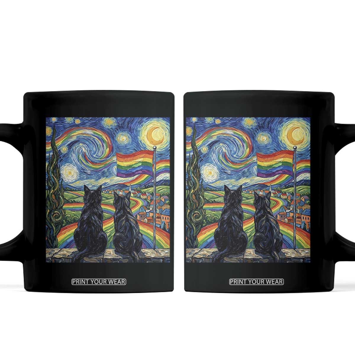 Cat Gay Pride Coffee Mug Starry Night Style LGBTQ Pride Support TS14 Black Print Your Wear