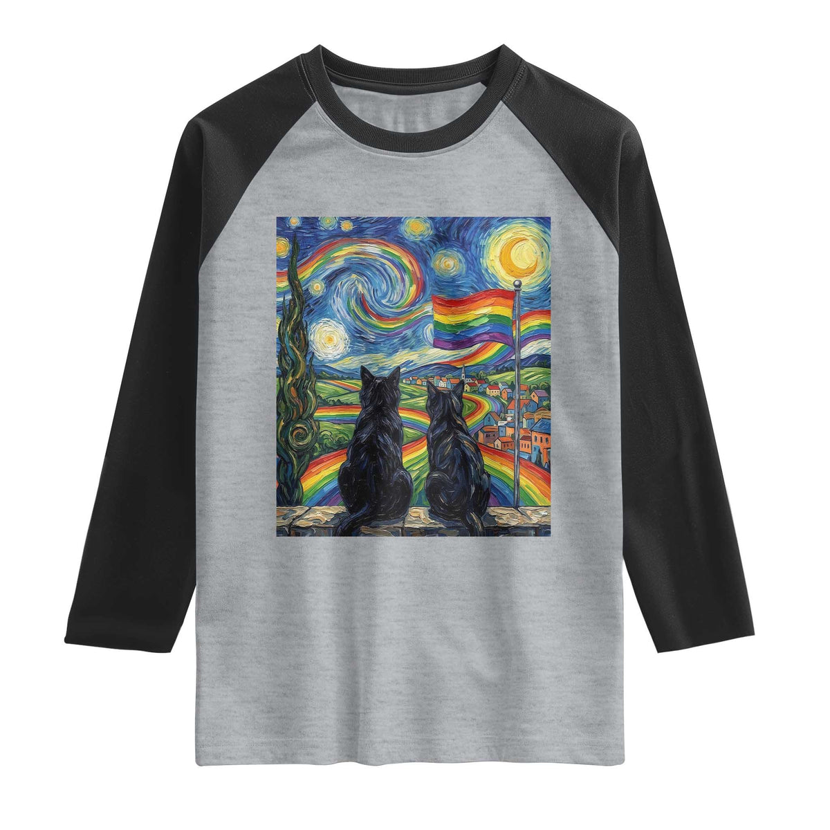 Cat Gay Pride Raglan Shirt Starry Night Style LGBTQ Pride Support TS14 Heather Gray Black Print Your Wear