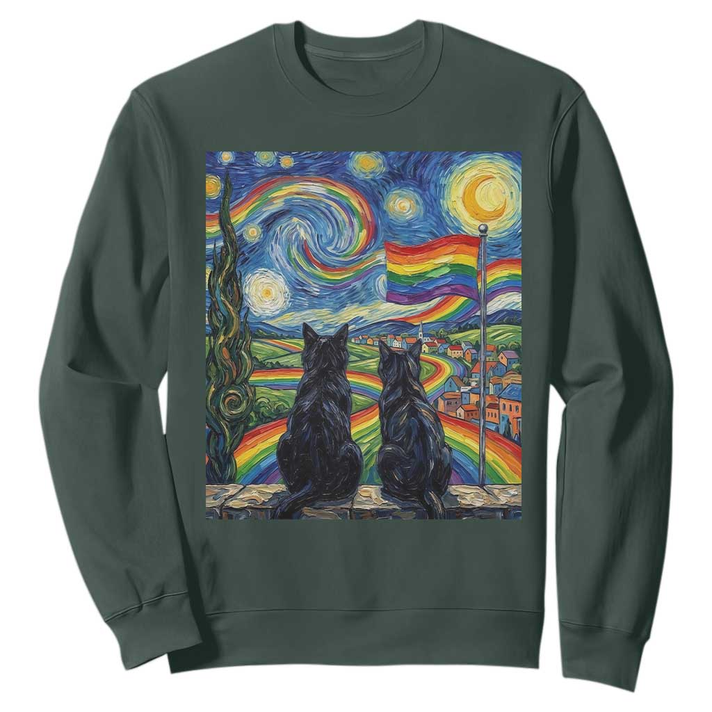 Cat Gay Pride Sweatshirt Starry Night Style LGBTQ Pride Support TS14 Dark Forest Green Print Your Wear