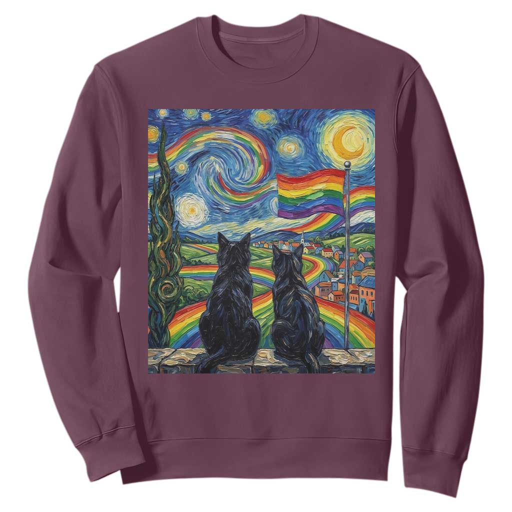 Cat Gay Pride Sweatshirt Starry Night Style LGBTQ Pride Support TS14 Maroon Print Your Wear