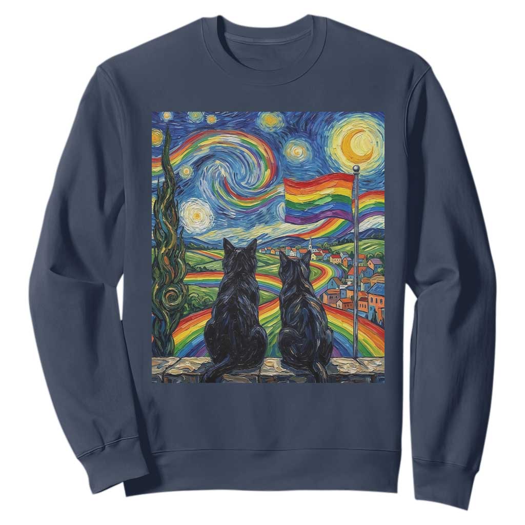 Cat Gay Pride Sweatshirt Starry Night Style LGBTQ Pride Support TS14 Navy Print Your Wear