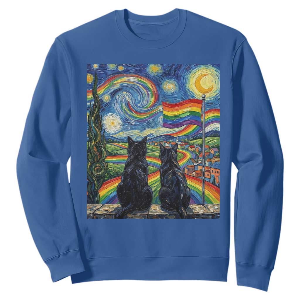 Cat Gay Pride Sweatshirt Starry Night Style LGBTQ Pride Support TS14 Royal Blue Print Your Wear