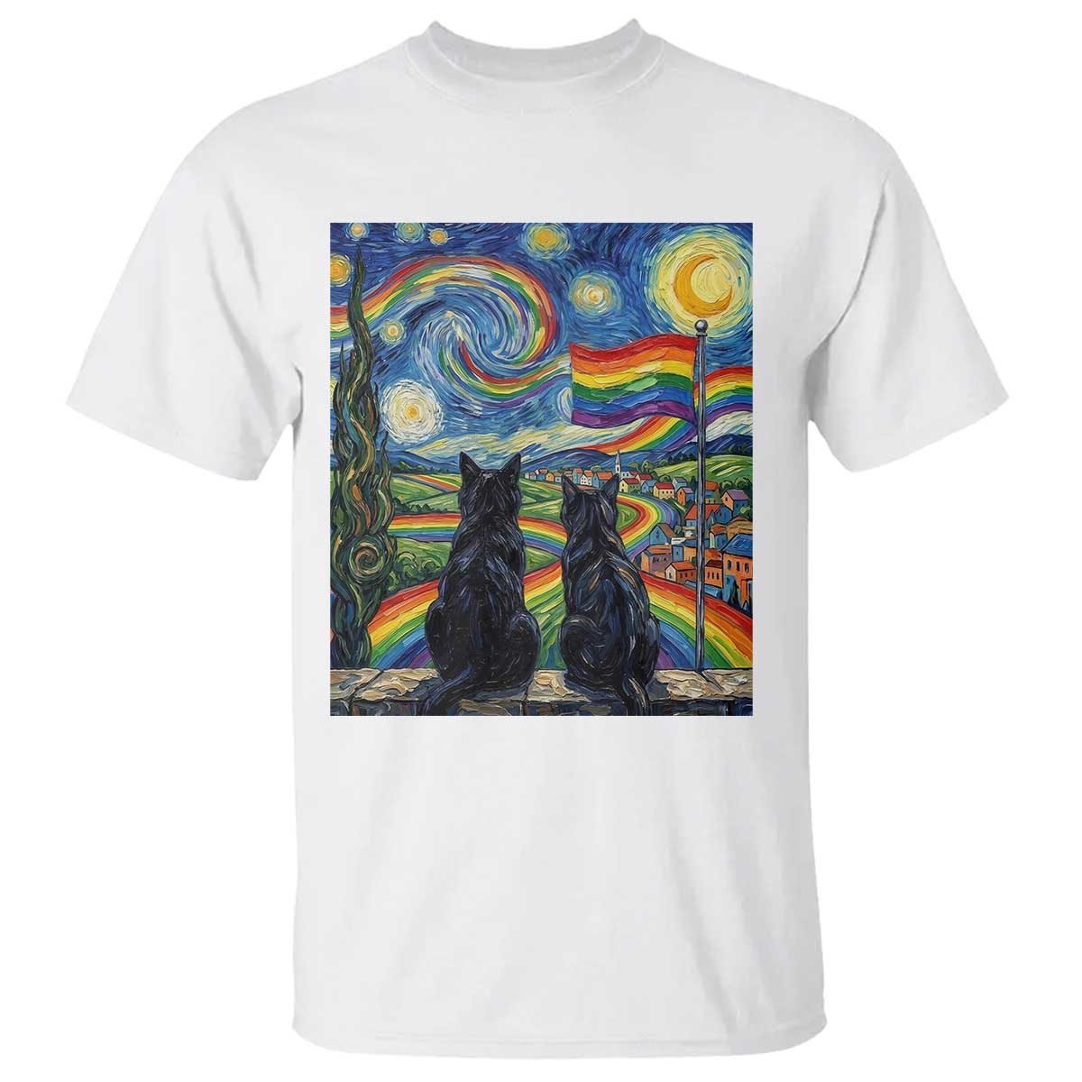 Cat Gay Pride T Shirt Starry Night Style LGBTQ Pride Support TS14 White Print Your Wear