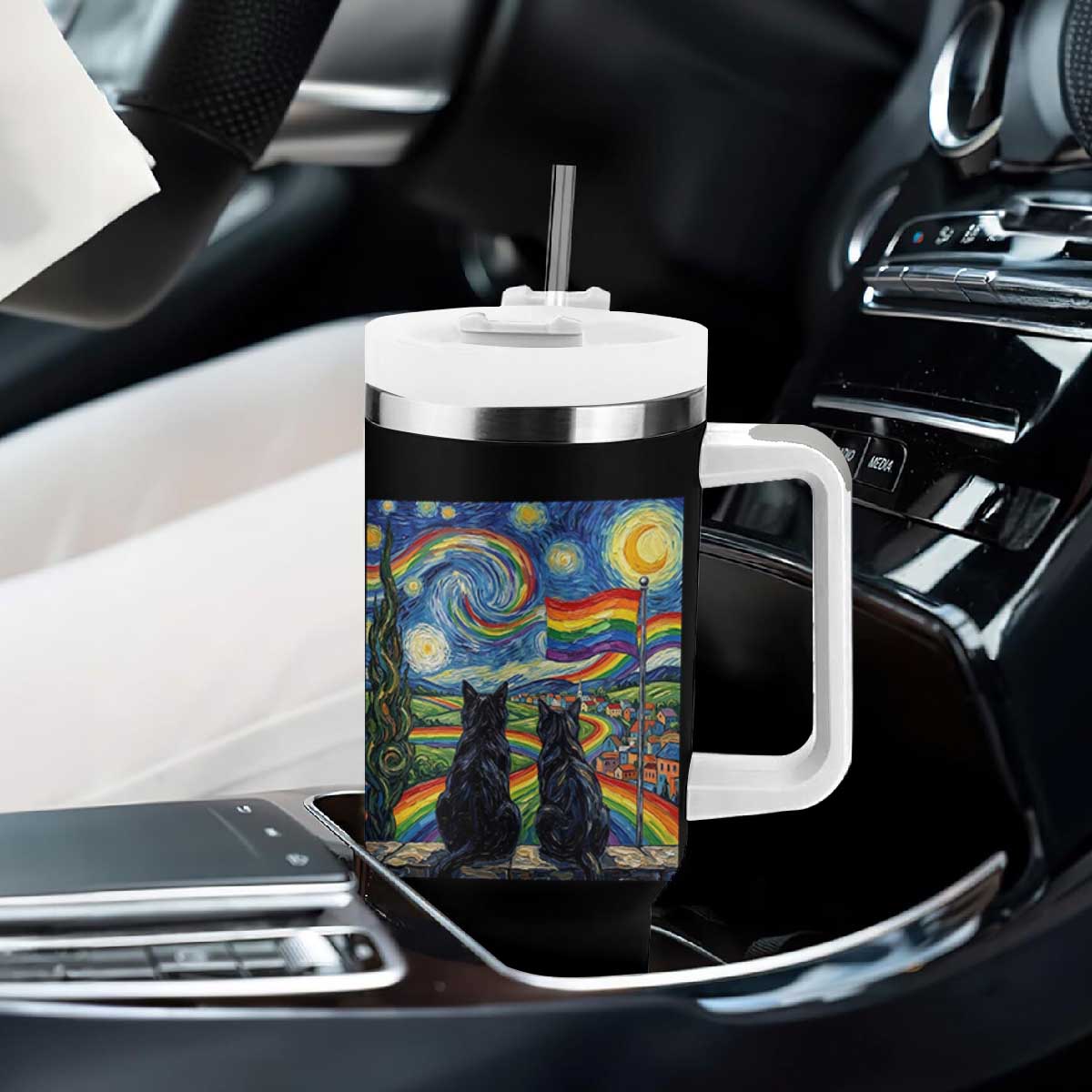 Cat Gay Pride Tumbler With Handle Starry Night Style LGBTQ Pride Support TS14 Print Your Wear