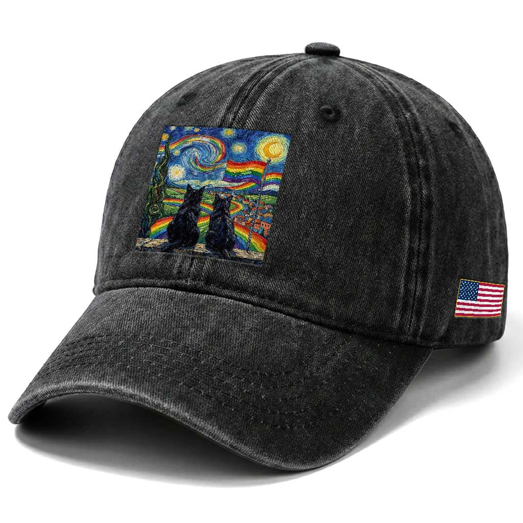 Cat Gay Pride Washed Cotton Baseball Cap Starry Night Style LGBTQ Pride Support TS14 Print Your Wear
