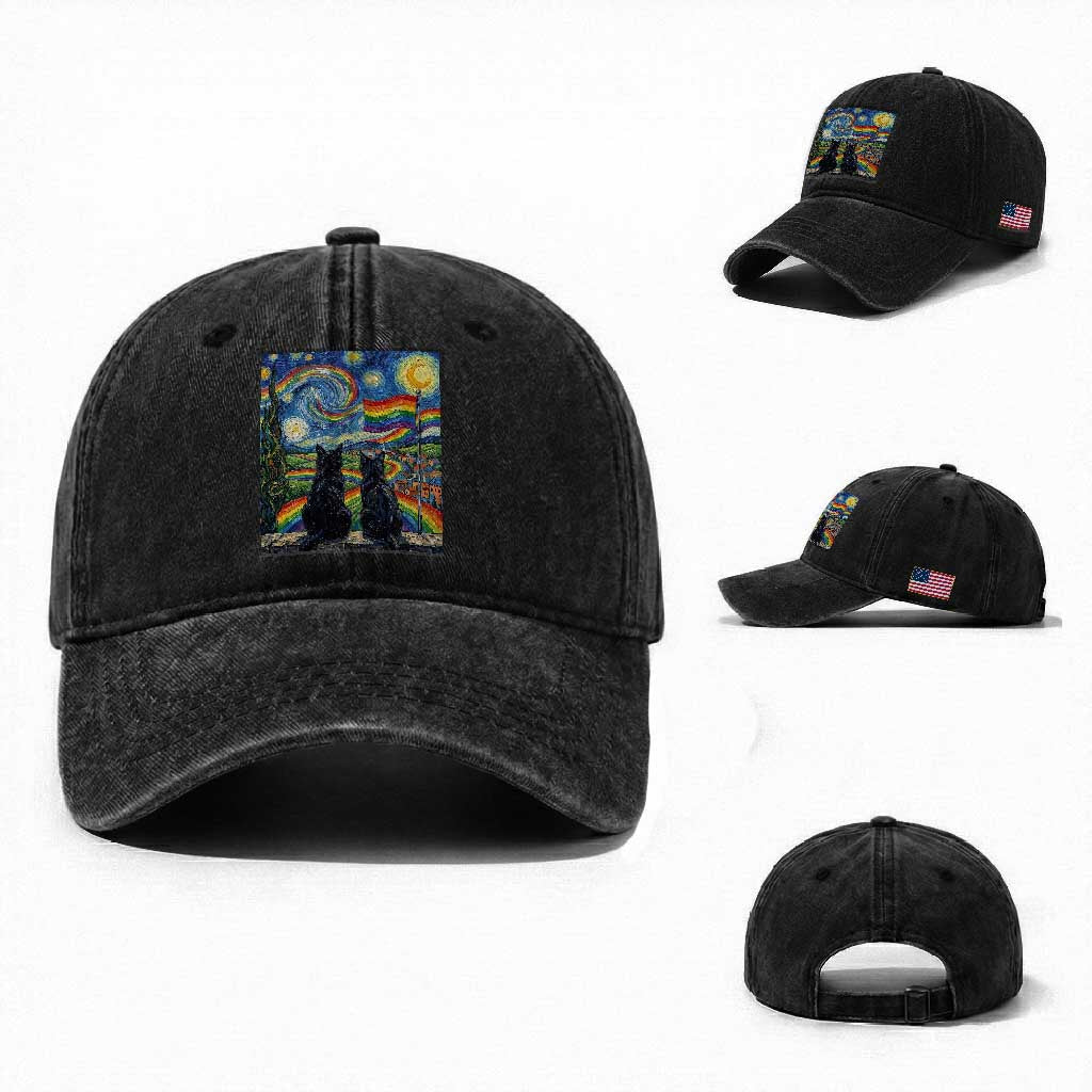 Cat Gay Pride Washed Cotton Baseball Cap Starry Night Style LGBTQ Pride Support TS14 Washed Cap Universal Fit Black Print Your Wear