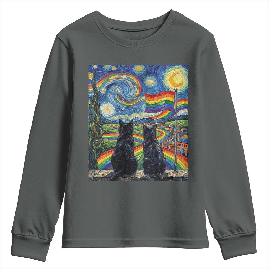 Cat Gay Pride Youth Sweatshirt Starry Night Style LGBTQ Pride Support TS14 Dark Heather Print Your Wear