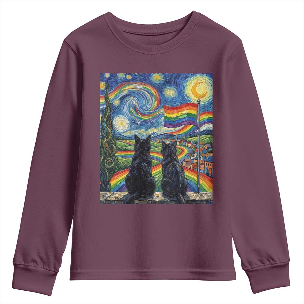 Cat Gay Pride Youth Sweatshirt Starry Night Style LGBTQ Pride Support TS14 Maroon Print Your Wear