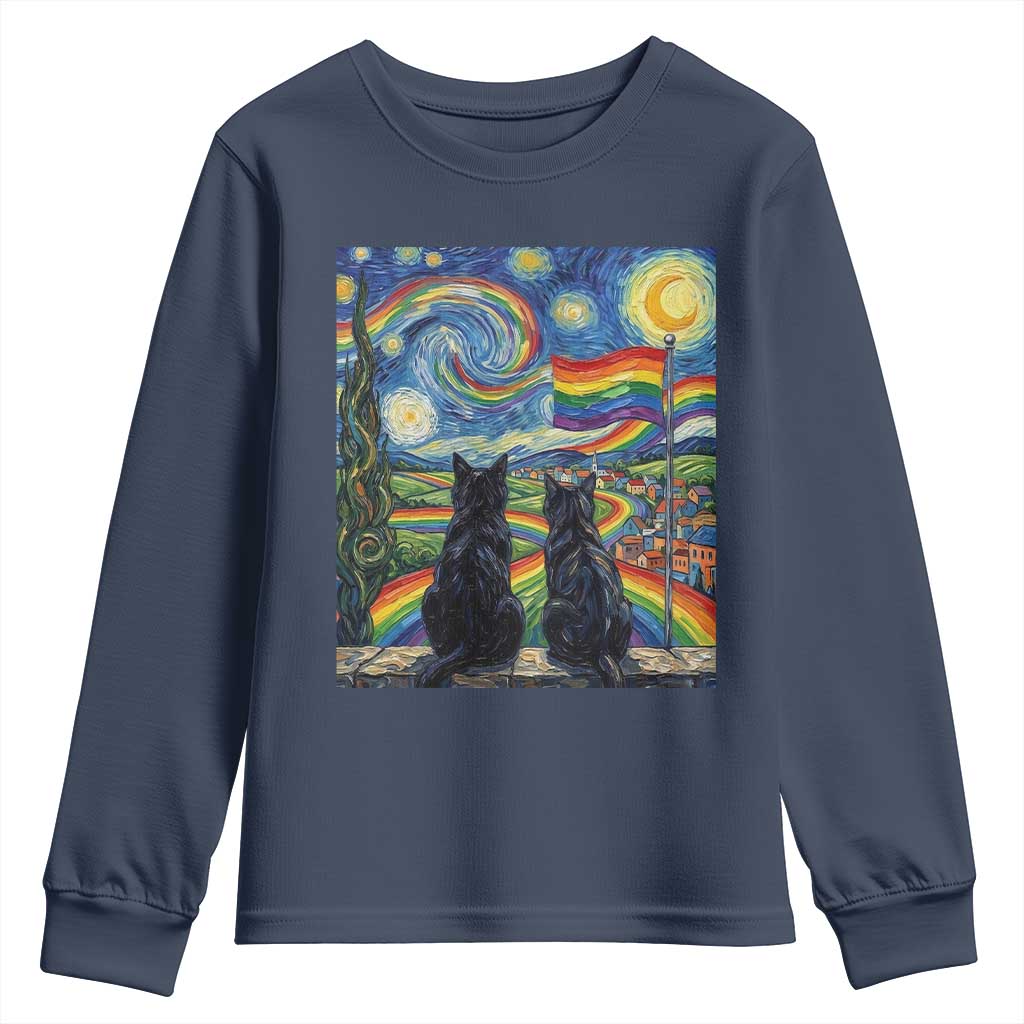 Cat Gay Pride Youth Sweatshirt Starry Night Style LGBTQ Pride Support TS14 Navy Print Your Wear