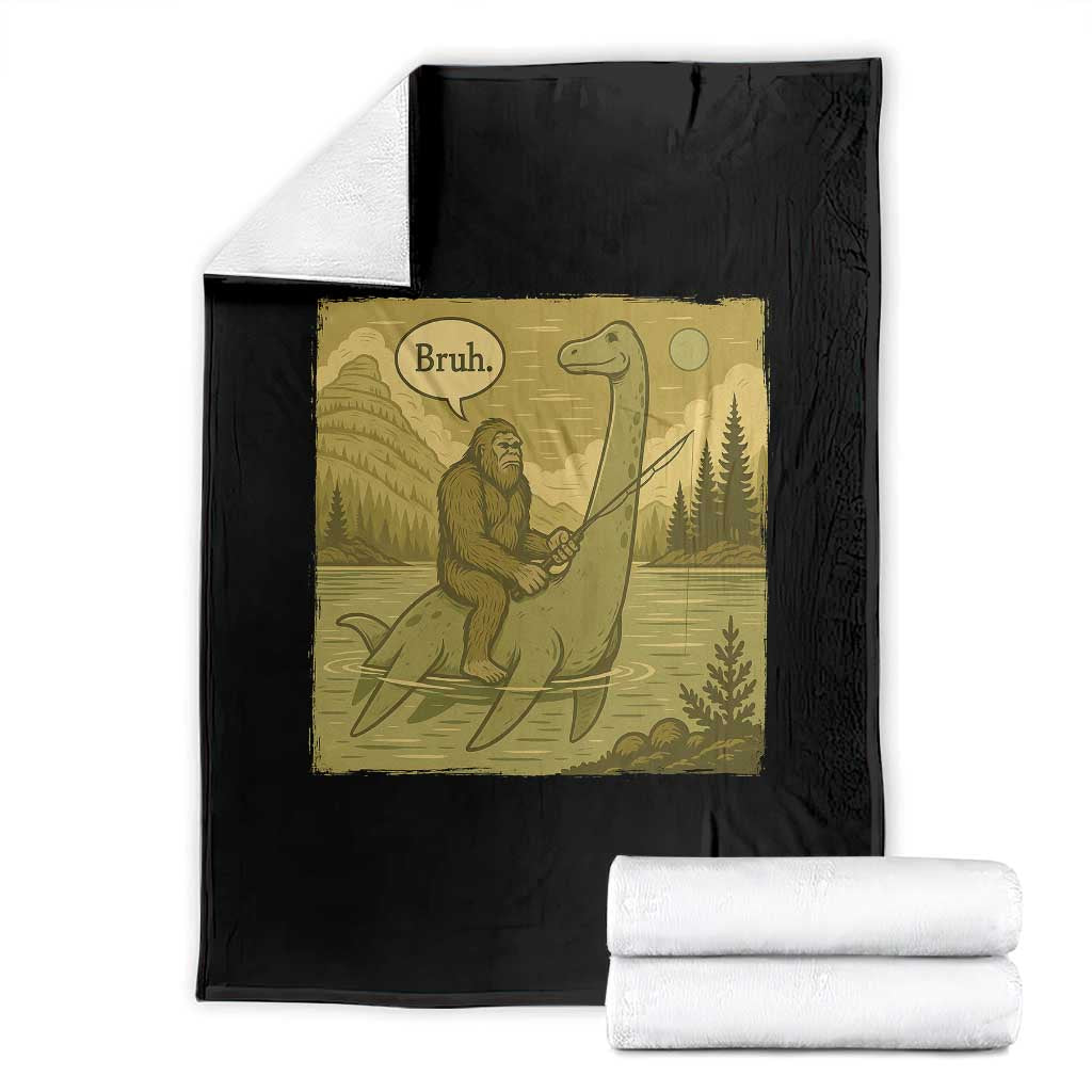 Funny Bigfoot Fishing Throw Blanket Sasquatch Loch Ness Monster Introvert Bruh TS14 Black Print Your Wear